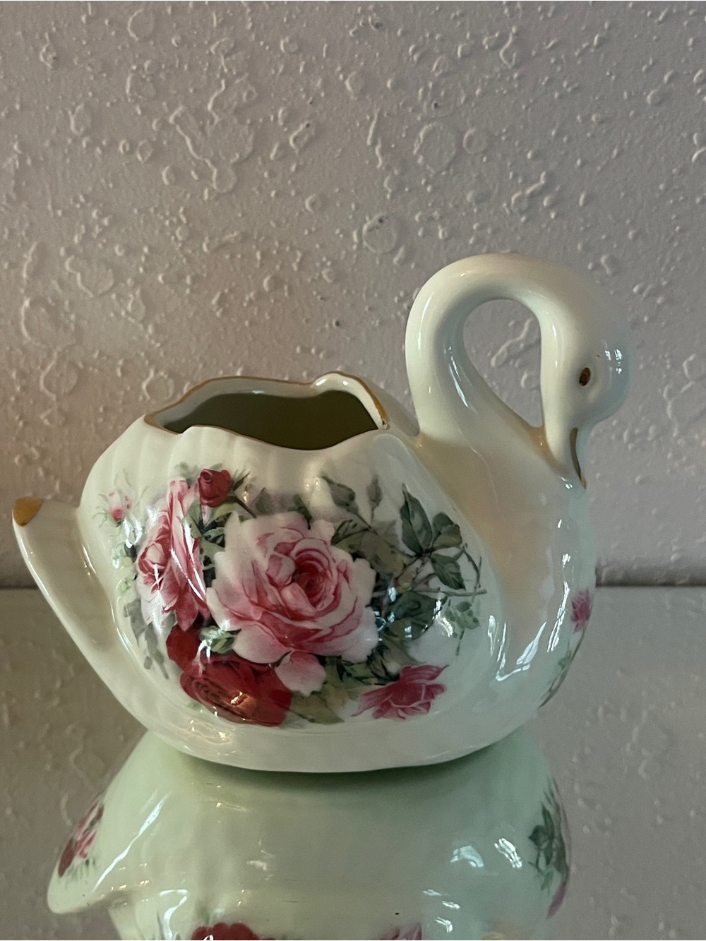 Porcelain Swan Planter with Pink Rose Motif